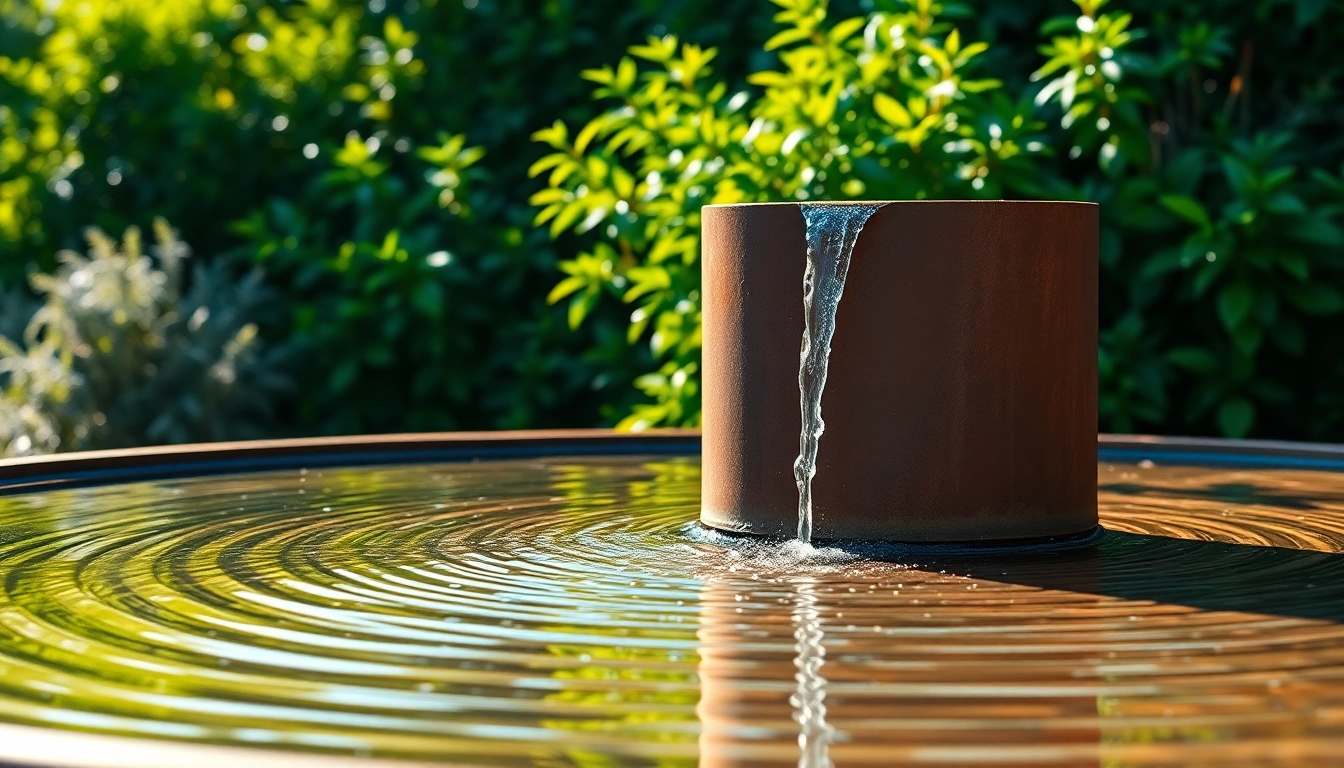 Der cortenstahl brunnen strahlt in einem idyllischen Garten mit strahlender Beleuchtung.