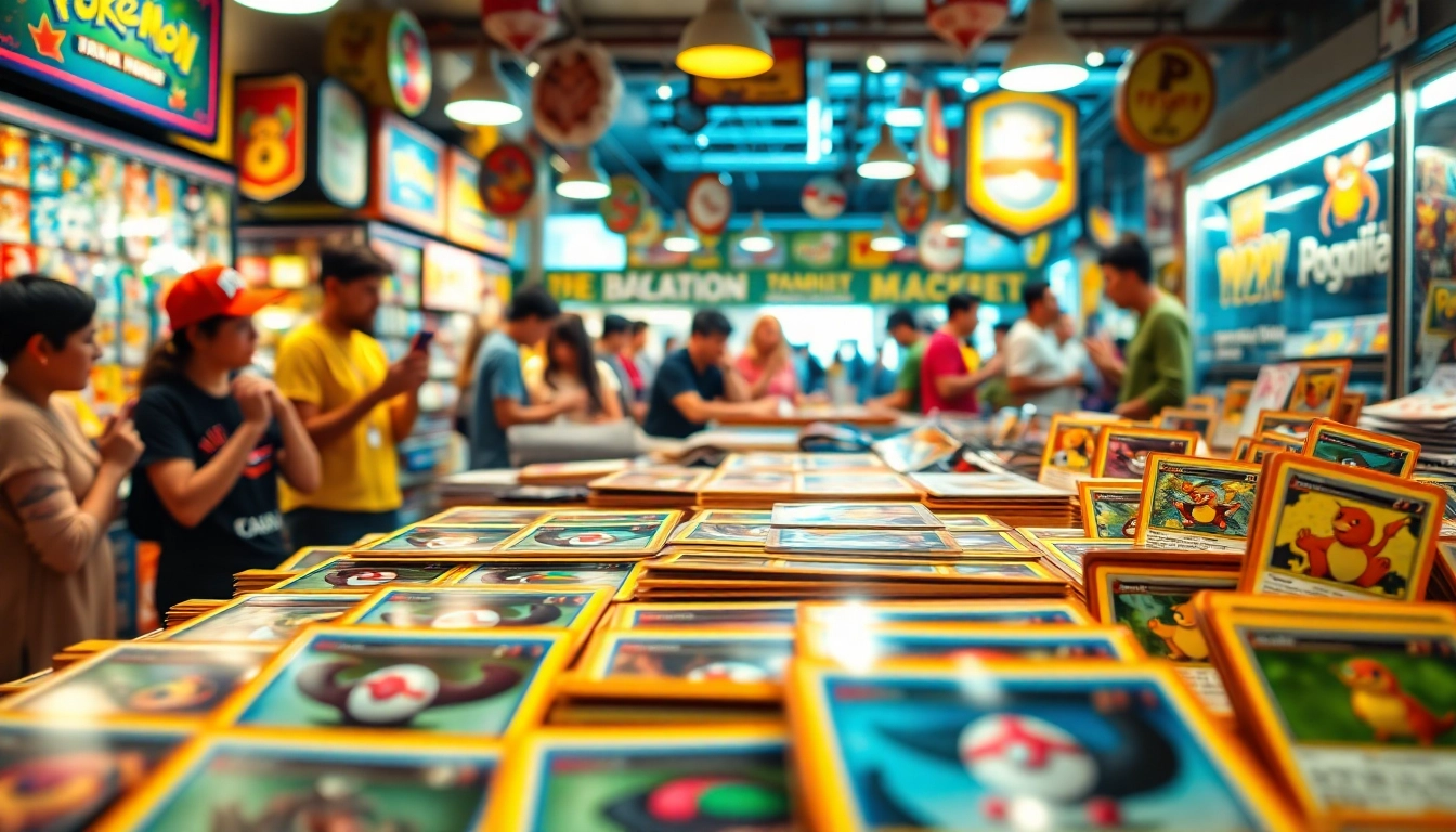 Explore diverse Pokemon cards in India showcasing vibrant designs at a bustling marketplace.