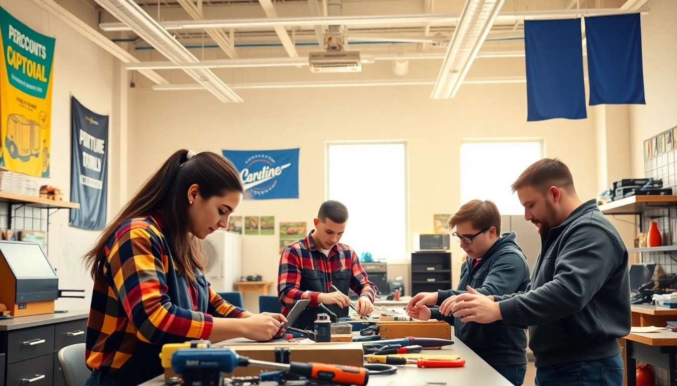 Students training at a trade school Knoxville TN, showcasing collaborative hands-on learning in a vibrant classroom.