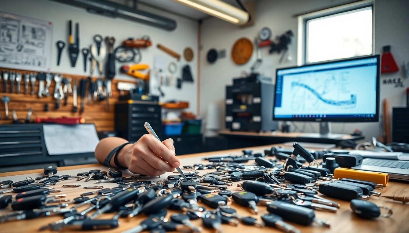 Crafting Truck Keys in a professional locksmith workshop with tools and schematics.