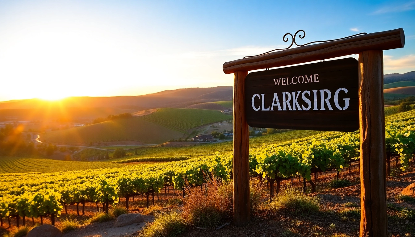 Experience the charm of Clarksburg through scenic vineyards and warm sunset views.