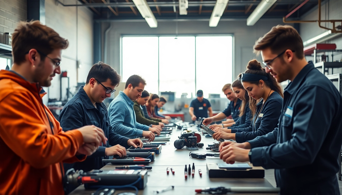 Students in a trade school Knoxville TN making hands-on training in a professional workshop setting.