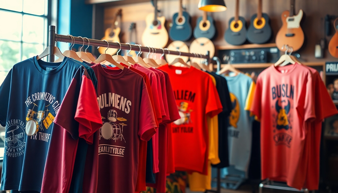 Showcase of vibrant drummer shirts highlighting unique designs and styles in a music store.