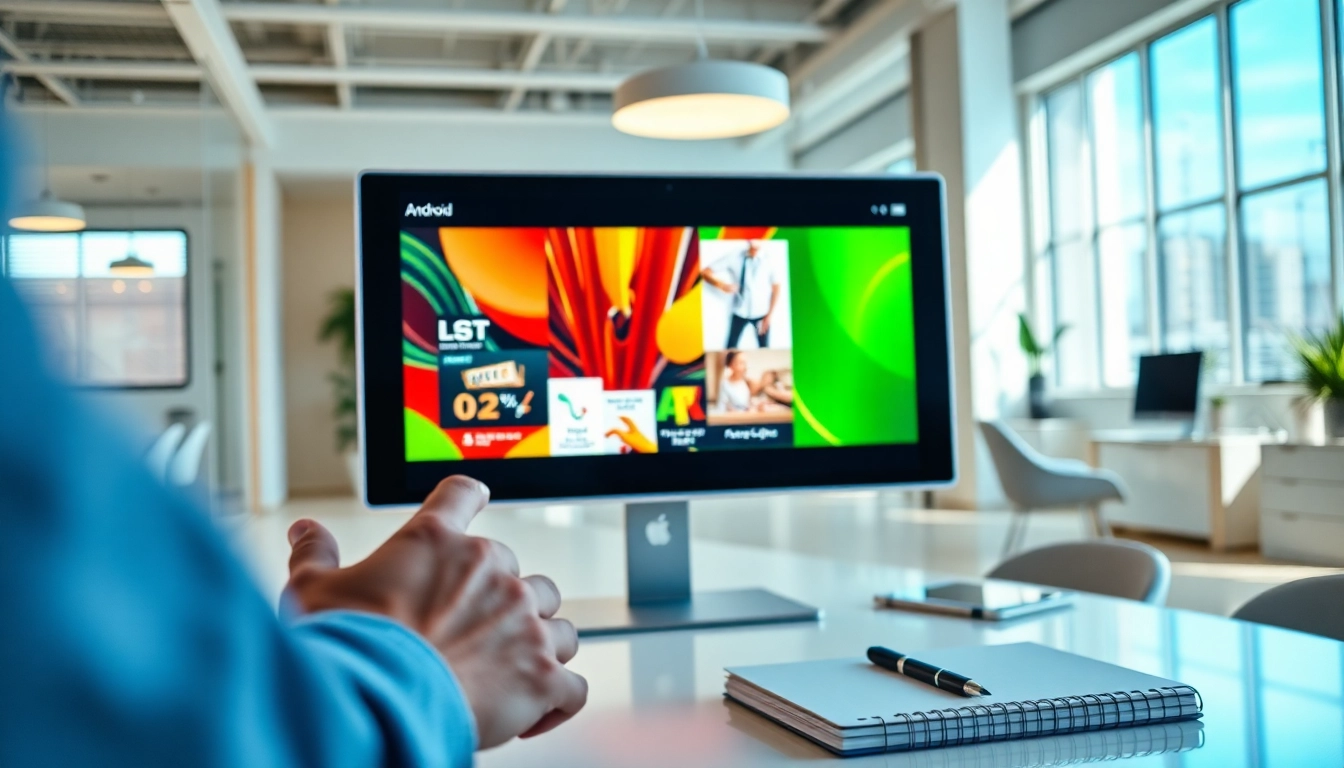 Showcase of an Android digital signage player in a modern office setting with vibrant displays.