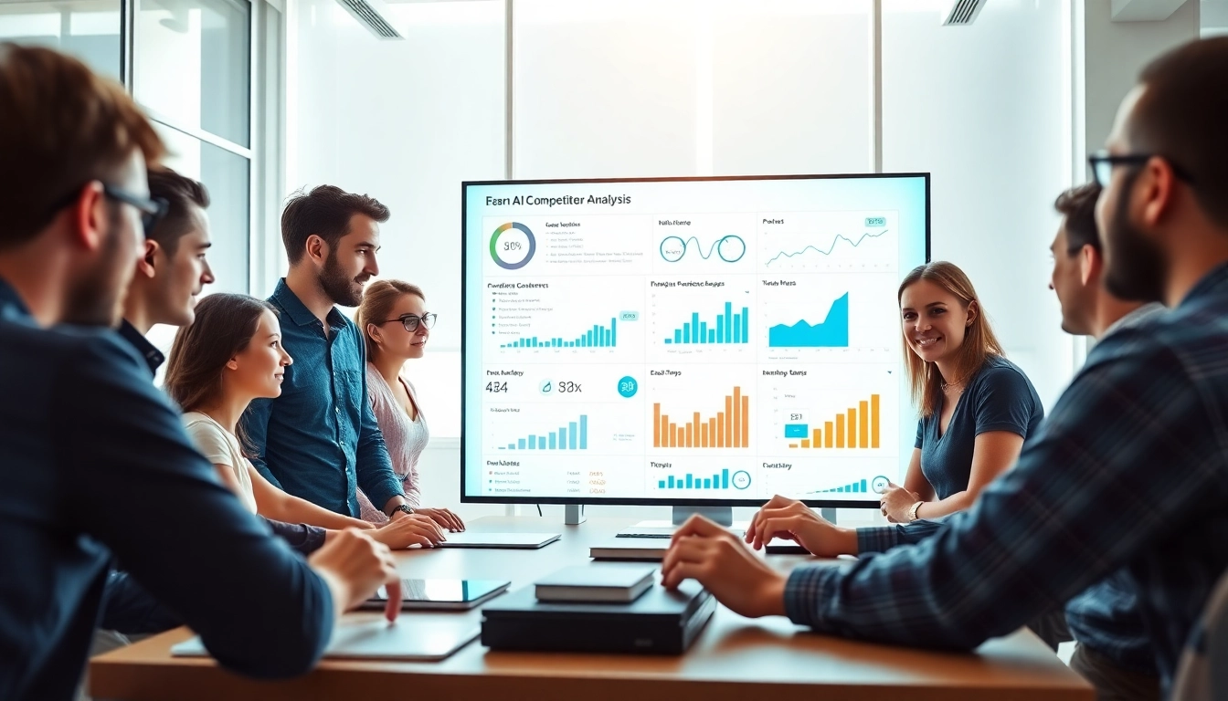 Engaged marketing team using AI prompts for competitor analysis in a modern office.