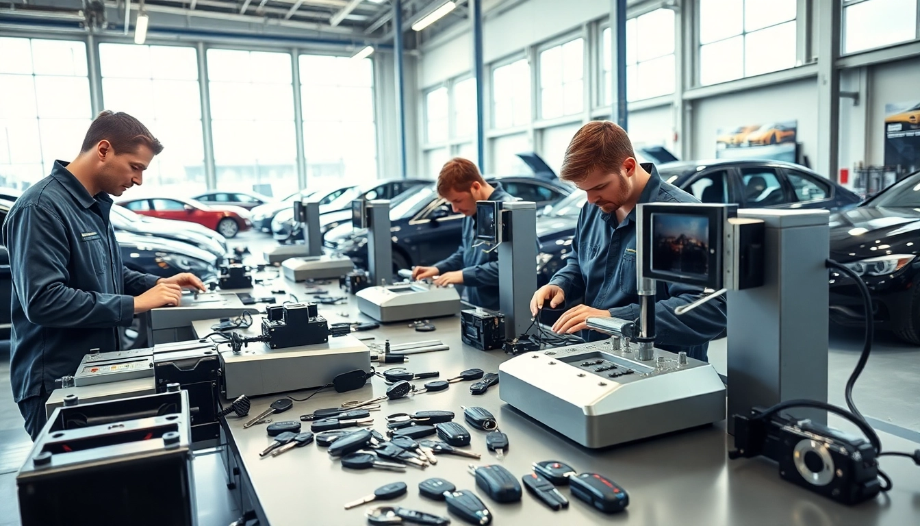 Technicians providing Replacement Car Keys in a well-lit automotive workshop with advanced machinery.