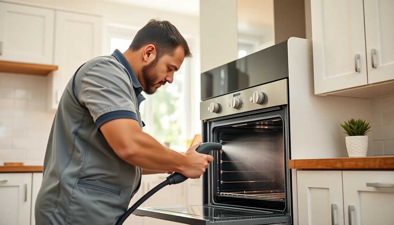 Oven cleaning dubai service showcasing a professional technician deep cleaning an oven in a bright kitchen.