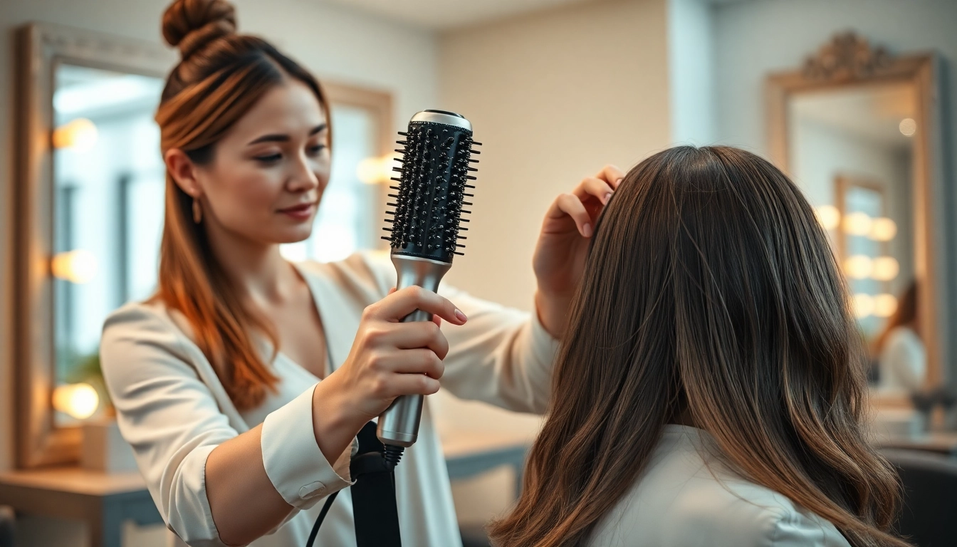 Fracsco AirBend hair styler in a professional salon setting, styling a client's hair.