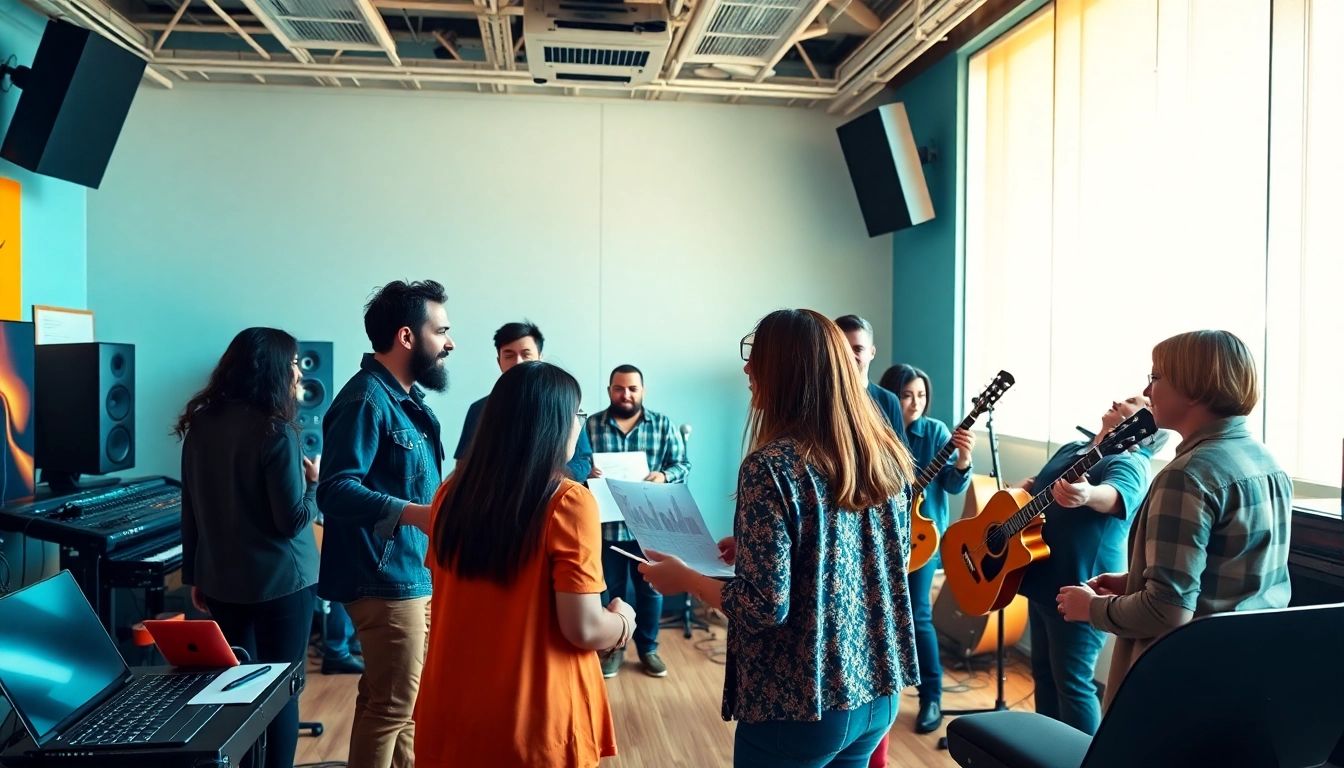 Engaged musicians discussing music promotion services in a vibrant studio setting