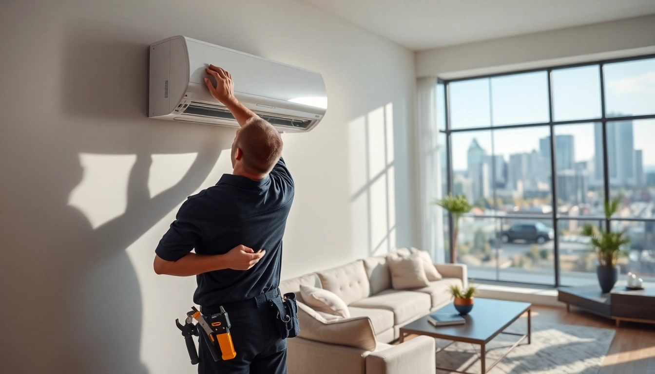 Ductless mini split installation Nashville featuring a technician in a modern living room setting.