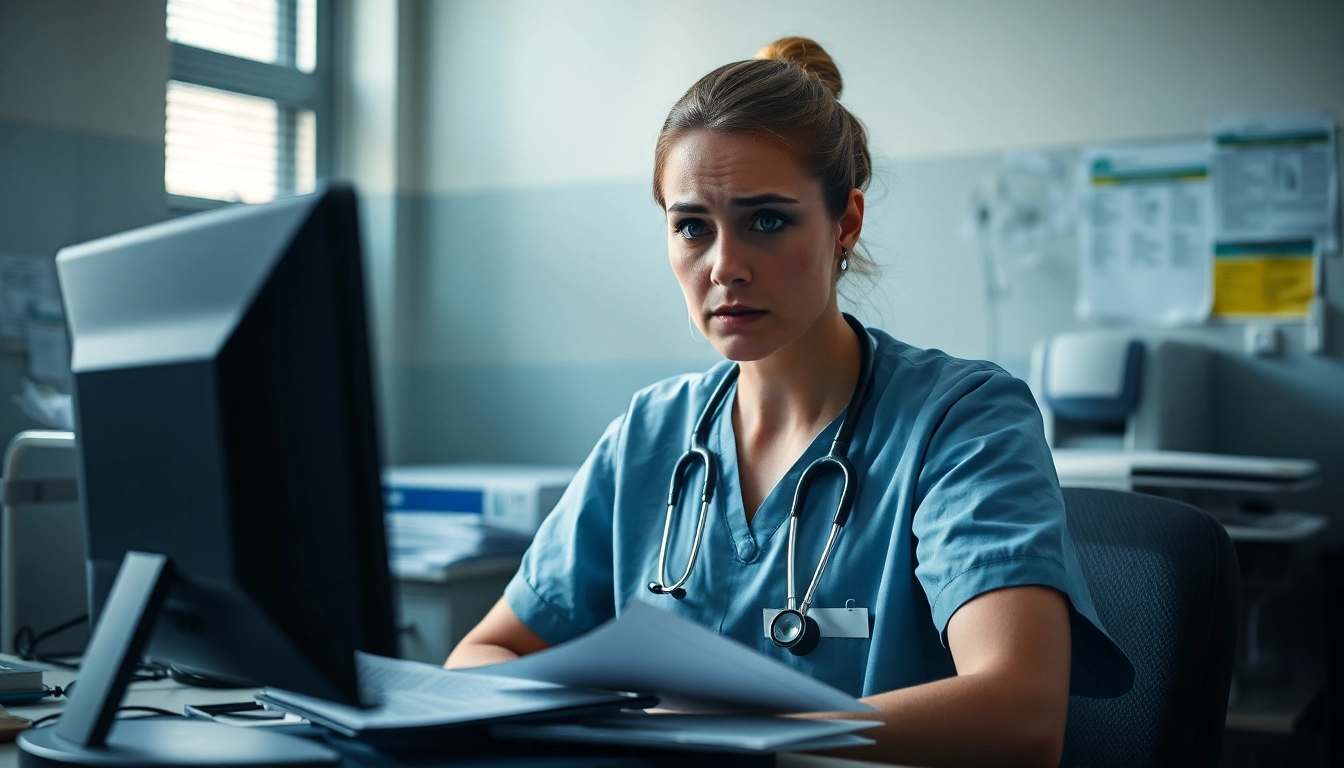 Addressing problems with VDAP for Alabama Nurses, a nurse looks overwhelmed in a clinical environment, reflecting concern.