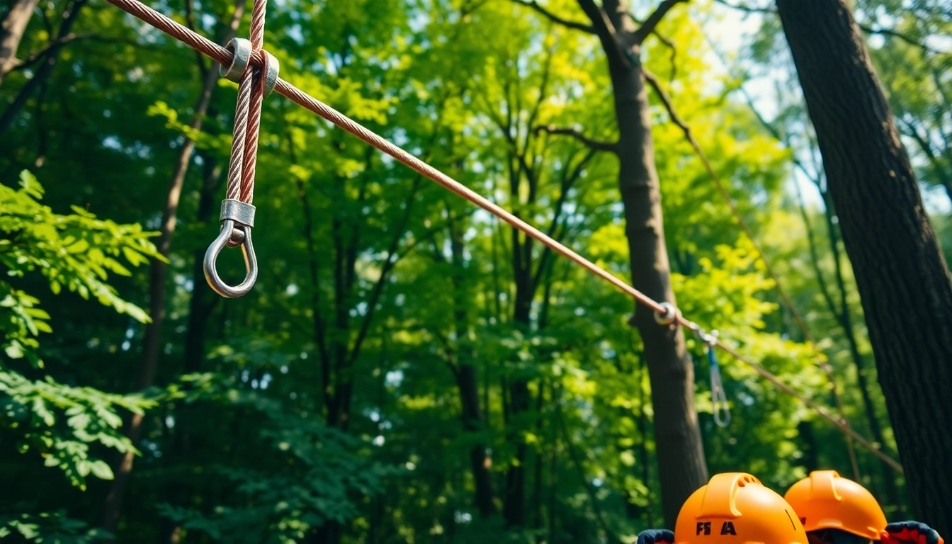 Engaging zip wire kit displayed among trees in a vibrant forest setting.