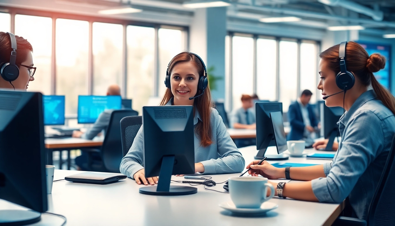 Showcase of call center solutions with agents collaborating in a modern, well-lit environment.