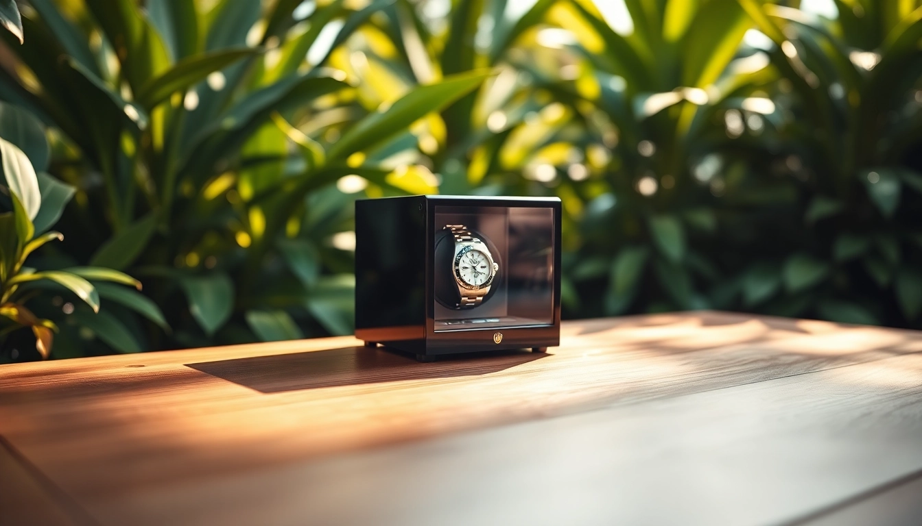 Showcasing an elegant watch winder for Rolex on a polished surface surrounded by greenery, emphasizing luxury.