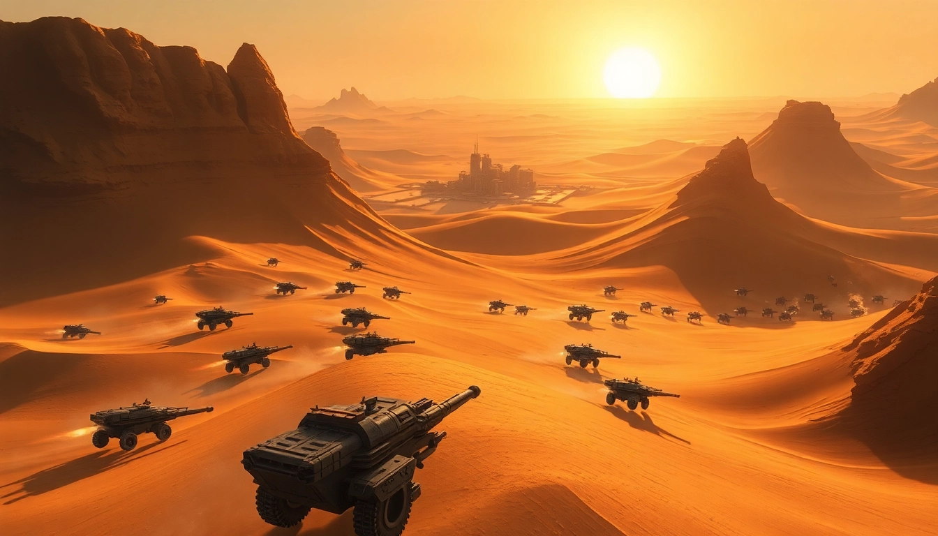 Engage in the thrilling action of the Dune 2 game as military units clash in a desert landscape.