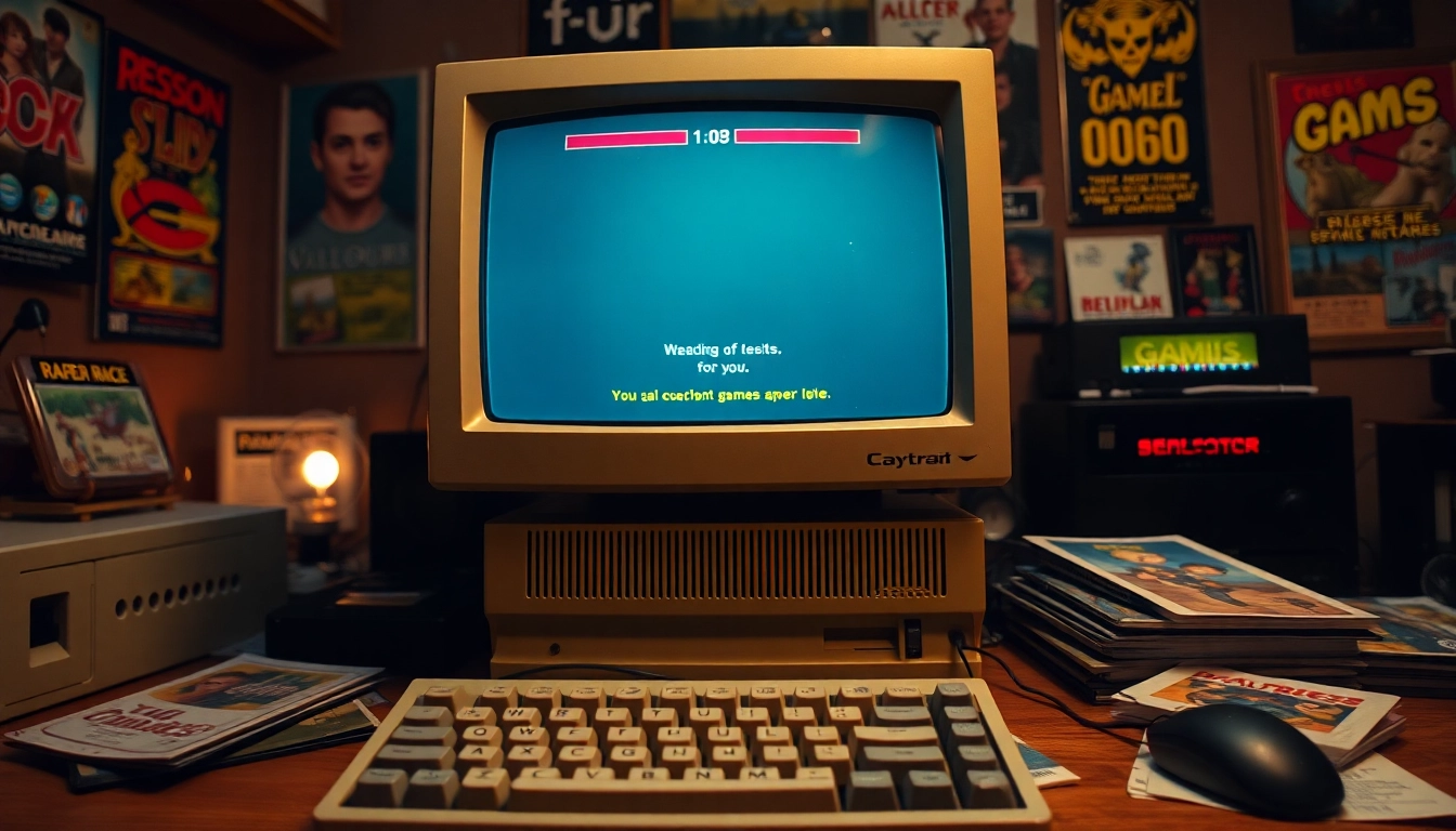 Playing dos games online on a vintage computer setup filled with nostalgia.