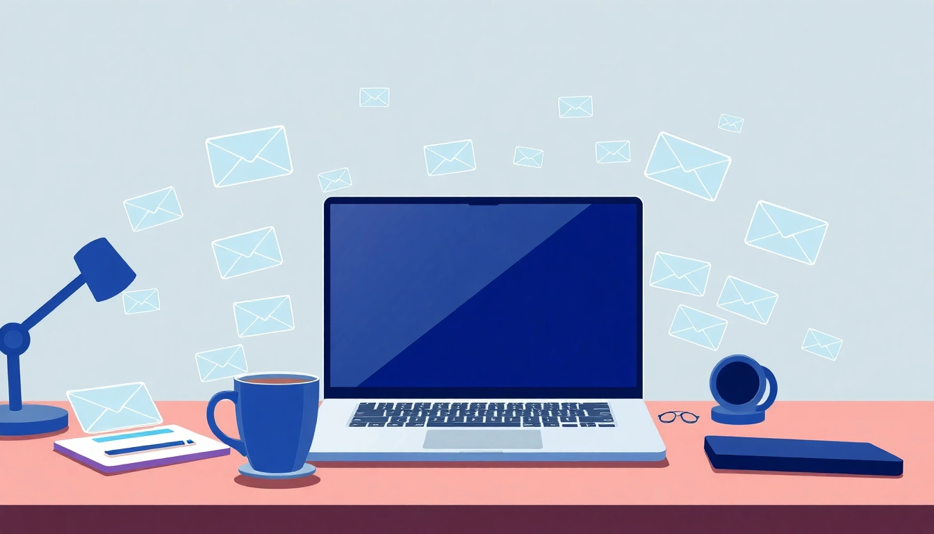 Create engaging emails with an AI email writer in a modern office setting featuring a laptop and digital drafts.