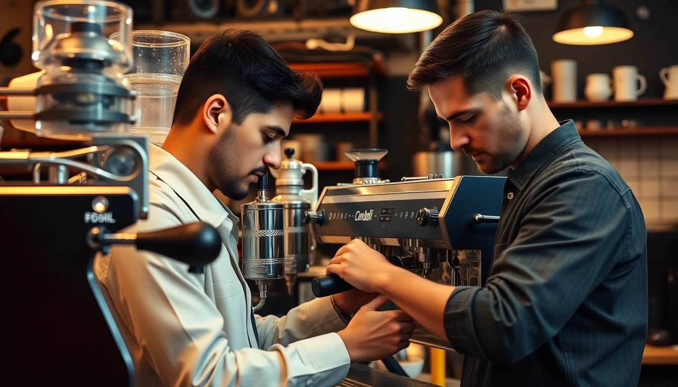 Technician repairing a Cimbali servisi espresso machine with expert precision.