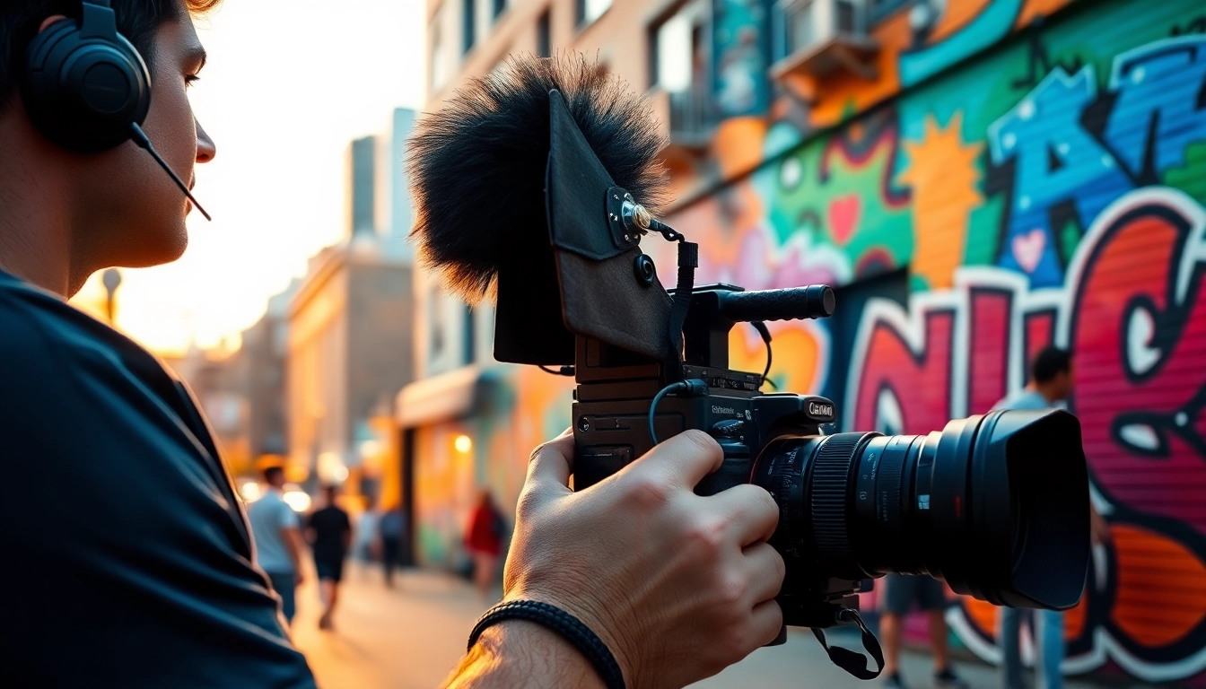 Filmmaker documenting vibrant Stories Documentaries Toronto within a colorful urban setting.