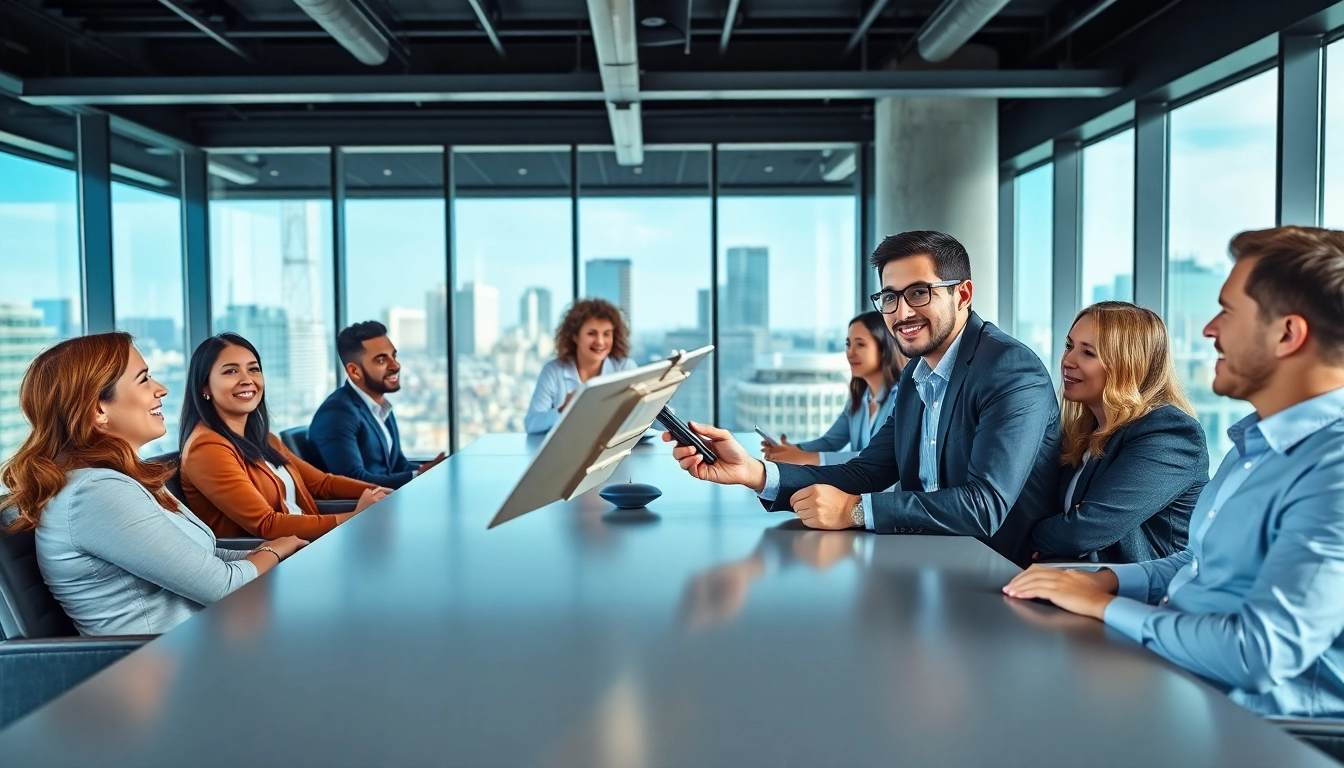 B2B buyer actively presenting in a professional meeting environment, showcasing collaboration.