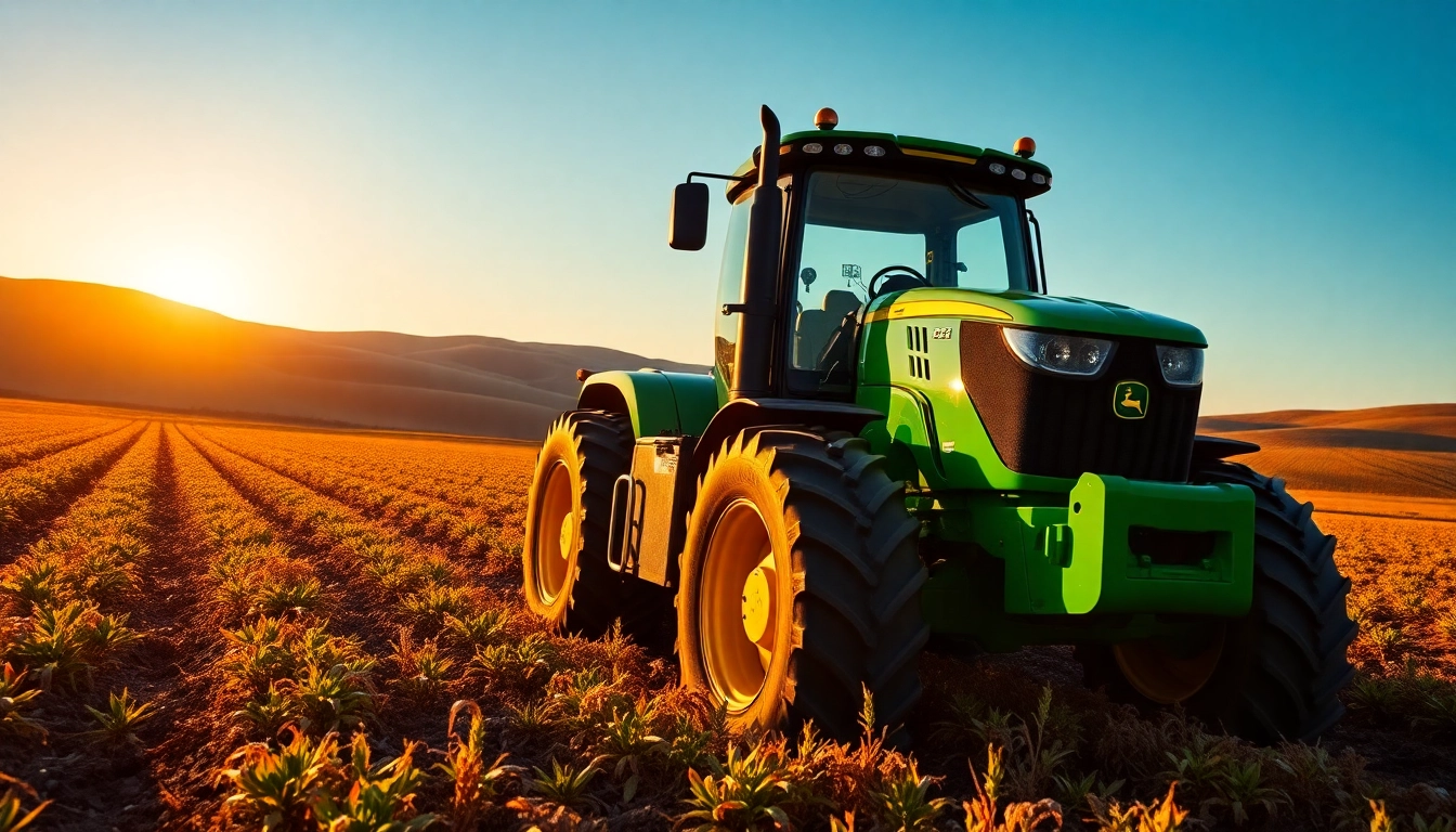 John Deere Traktor in einem malerischen Landwirtschaftsfeld während des Sonnenuntergangs.