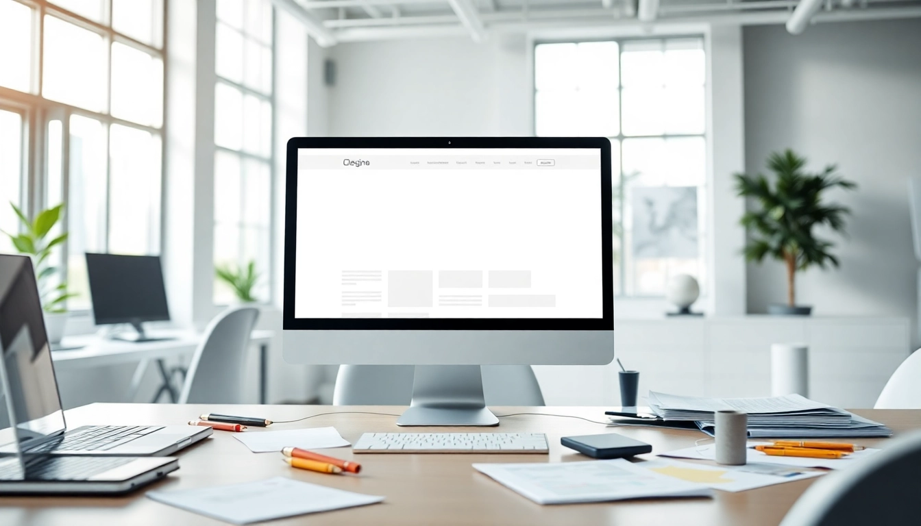 Creating engaging website design on a computer screen in a bright modern office.