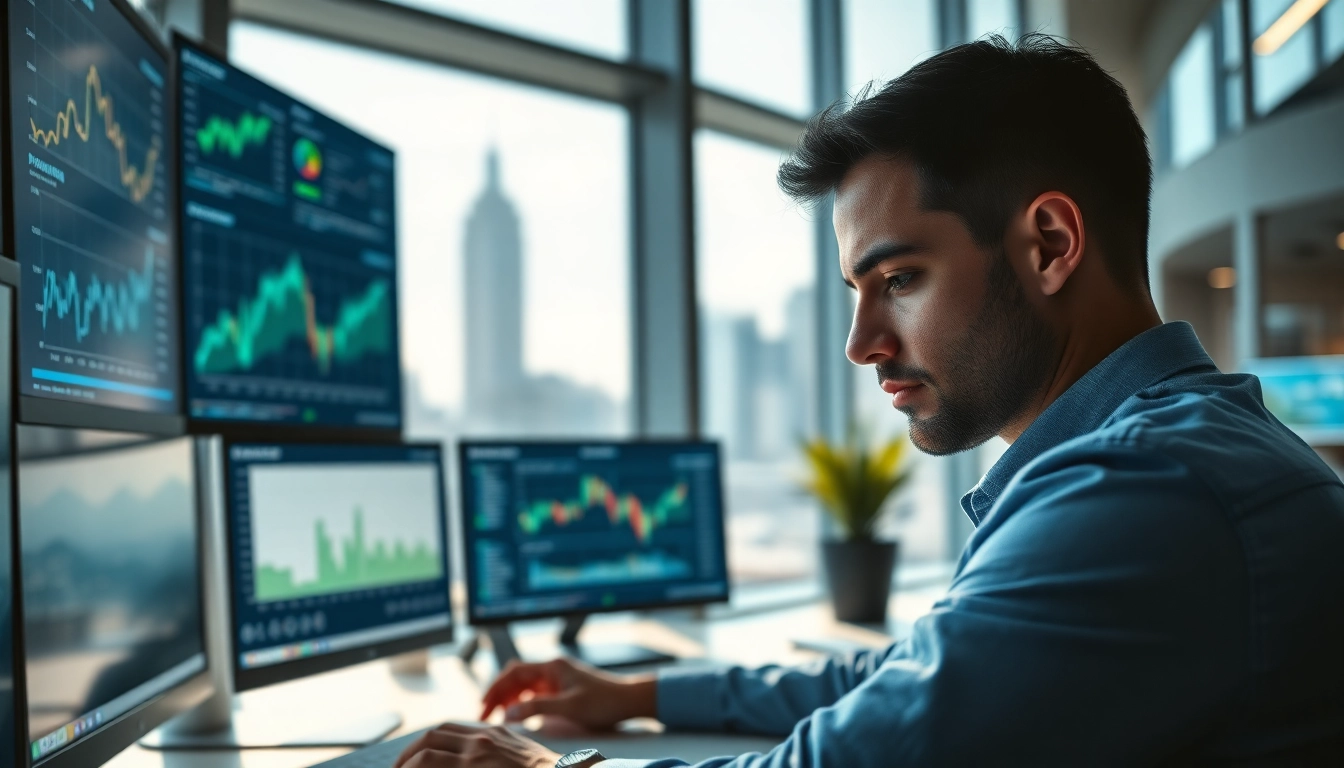 Analyze competitive intelligence with a focused analyst utilizing data and technology in a modern office.