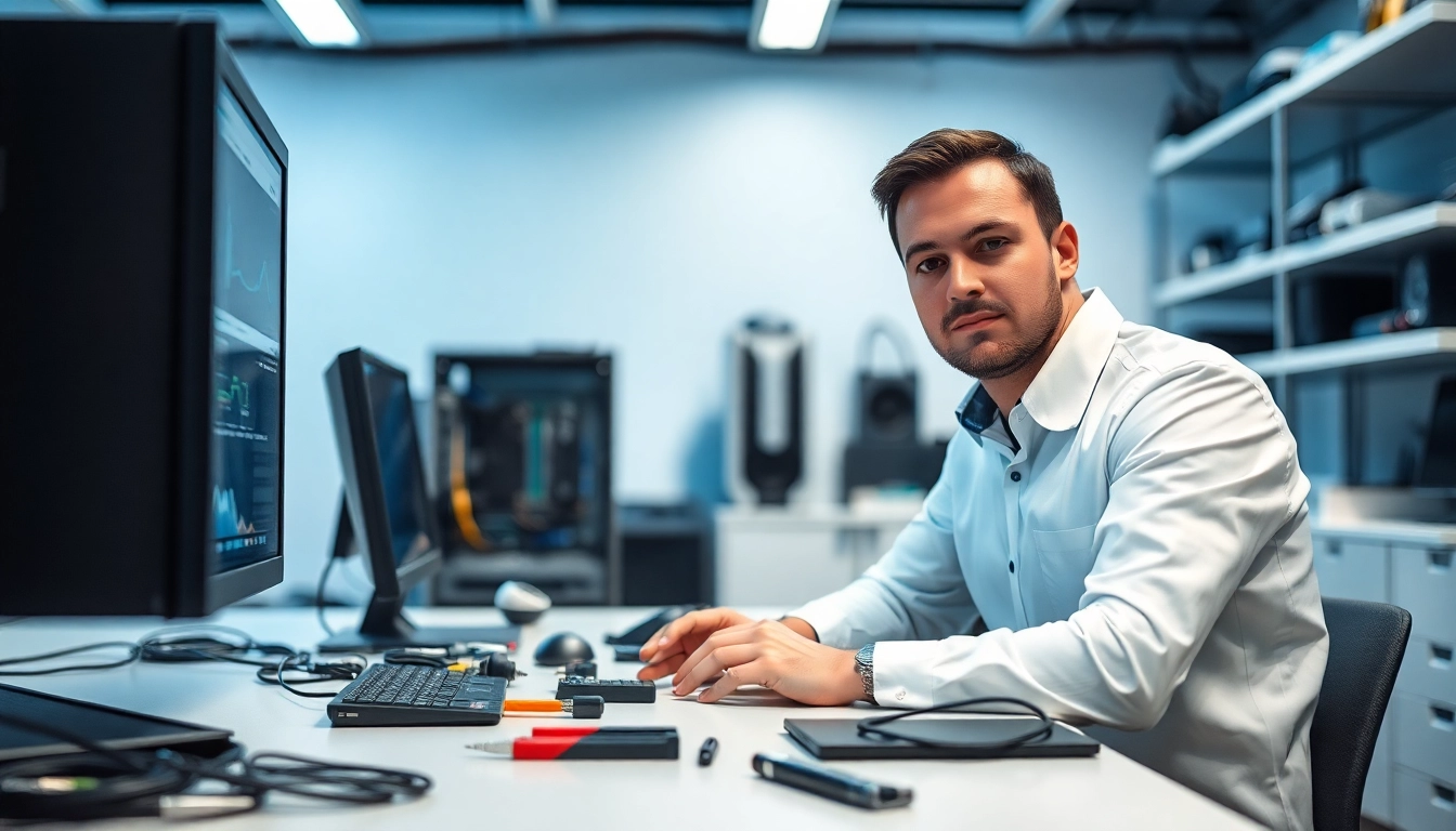 Technician providing professional computer services during a repair session in a modern workspace.