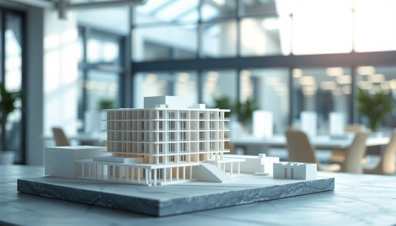 3D Visualisierung eines Architekturprojekts in einem modernen Büro mit detaillierten Modellen.