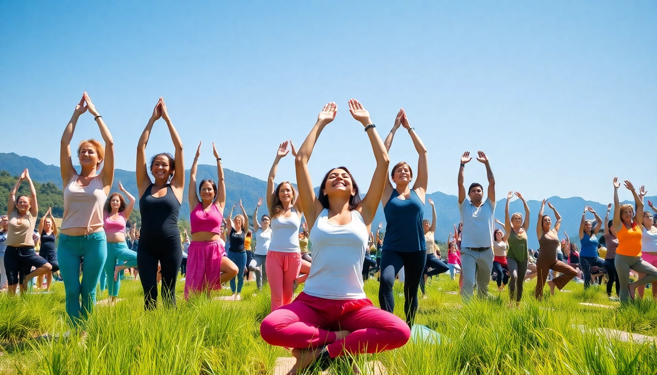 Join energetic participants at yoga festivals, showcasing various poses and joyful connections.