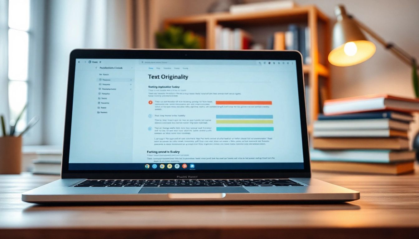 Analyze text using the plagiarism checker in a modern workspace with detailed reports displayed.