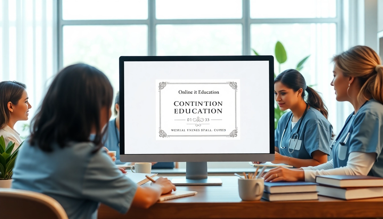 Nursing Continuing Education in a professional setting with nurses engaged in online learning surrounded by study materials.