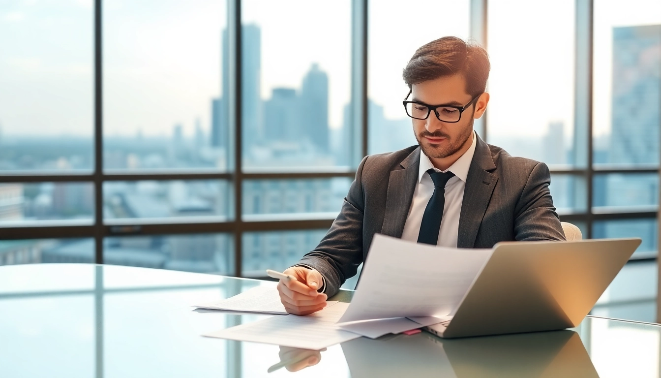 Real estate lawyer reviewing contracts in a modern office with a city skyline backdrop.