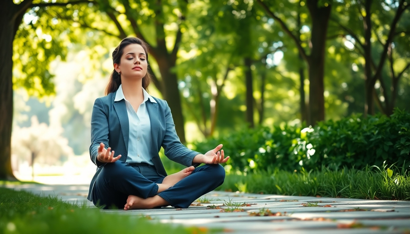 Practicing meditation outdoors while dealing with stress in a peaceful garden setting.