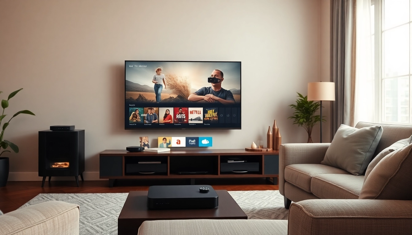 Comprar IPTV en un moderno entorno de entretenimiento en casa con un televisor y un dispositivo IPTV.