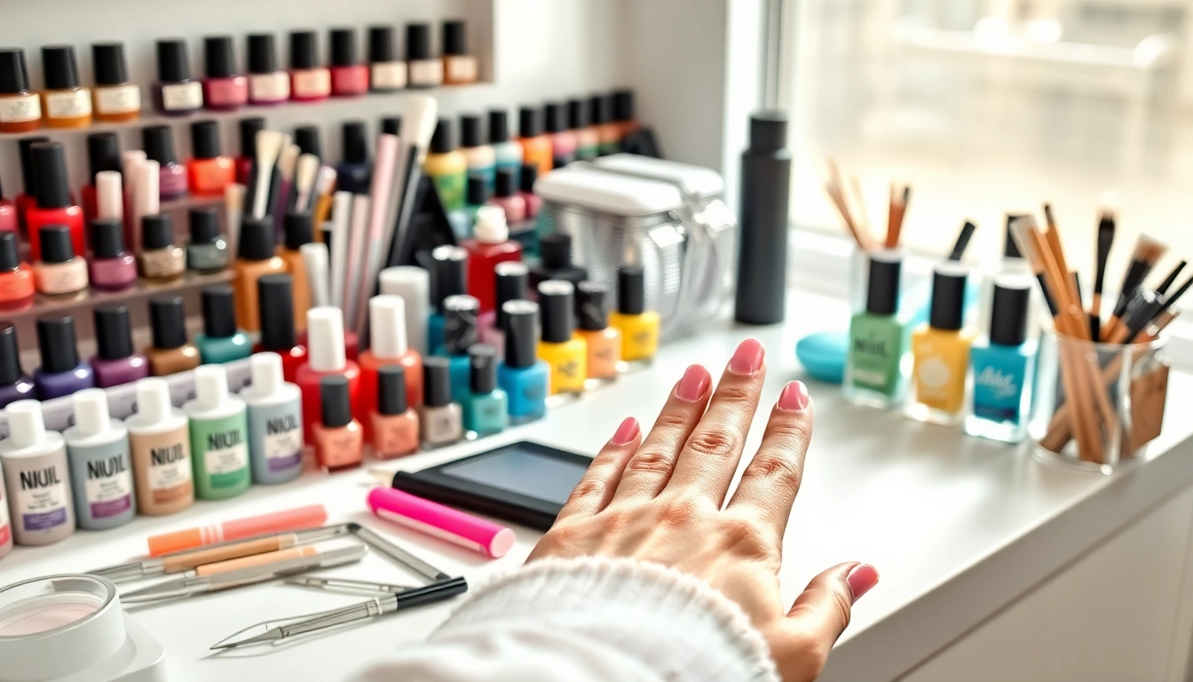 Nail Technician Course showcasing a well-organized workstation with vibrant nail products and a professional manicure.
