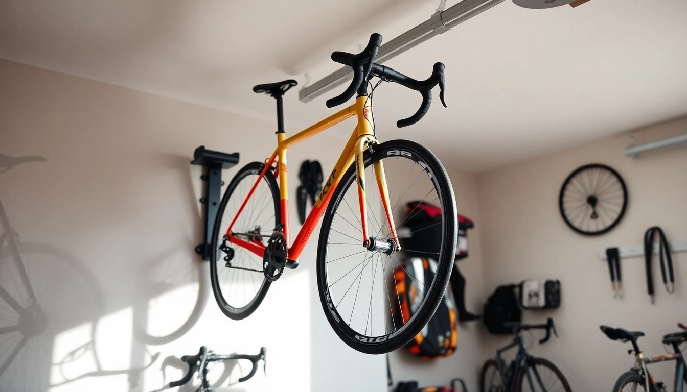 Showcase a stylish bicycle wall hanger supporting a vibrant bike in a modern garage setting.