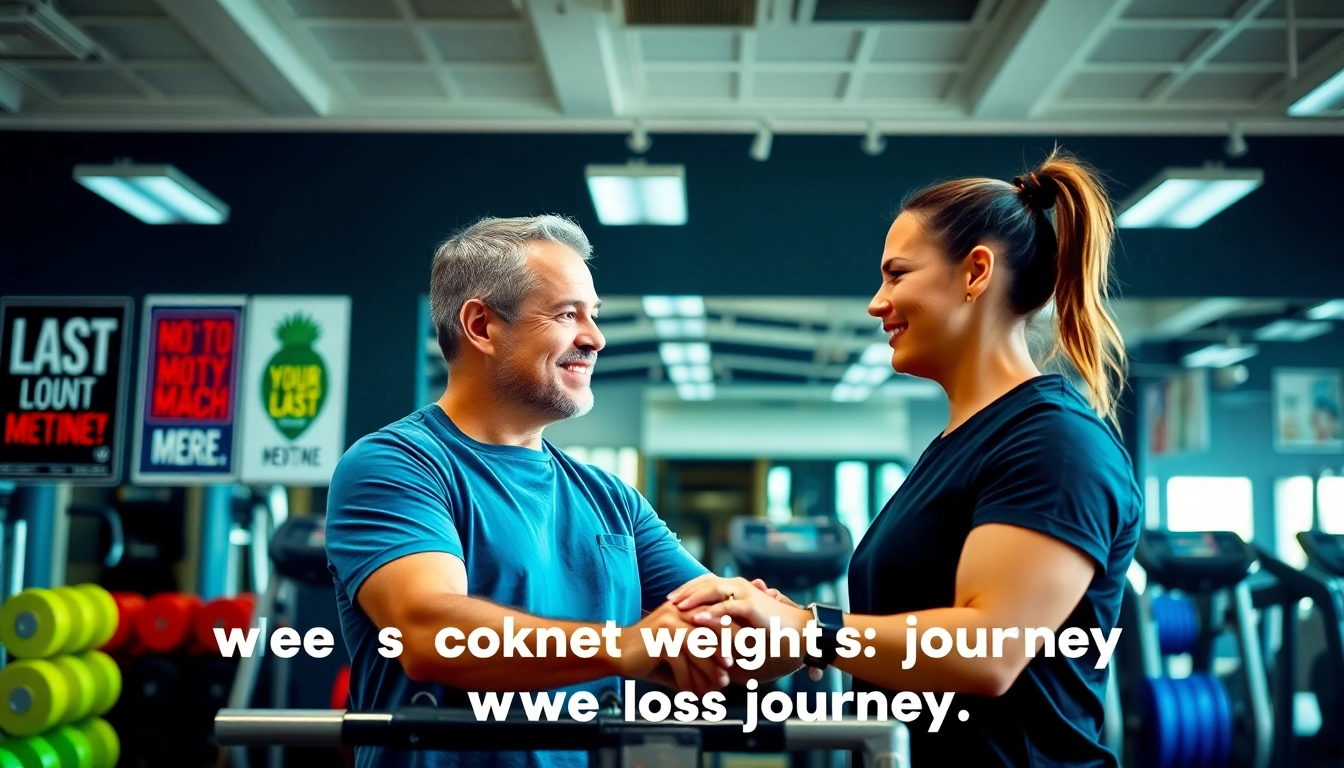 Motivational scene in a Las Vegas weight loss center with a coach guiding a client in fitness.