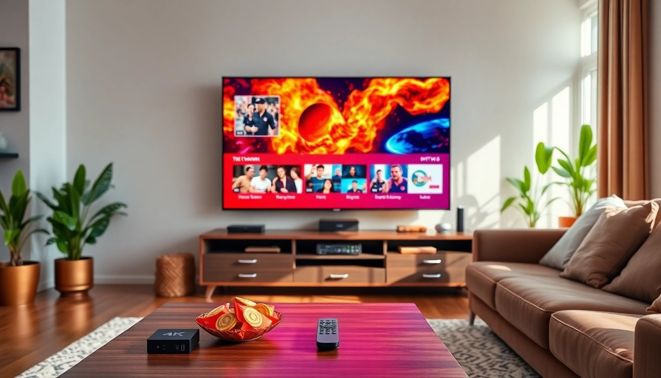 Comprar IPTV en una sala moderna con pantalla 4K y dispositivos inteligentes.